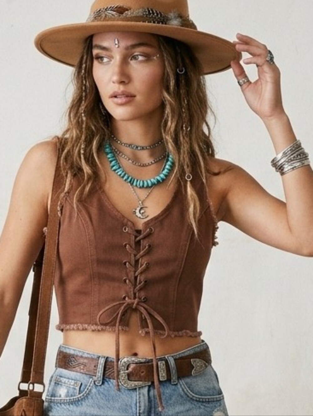 Milk It Distressed Lace Up Denim Corset Crop Top L